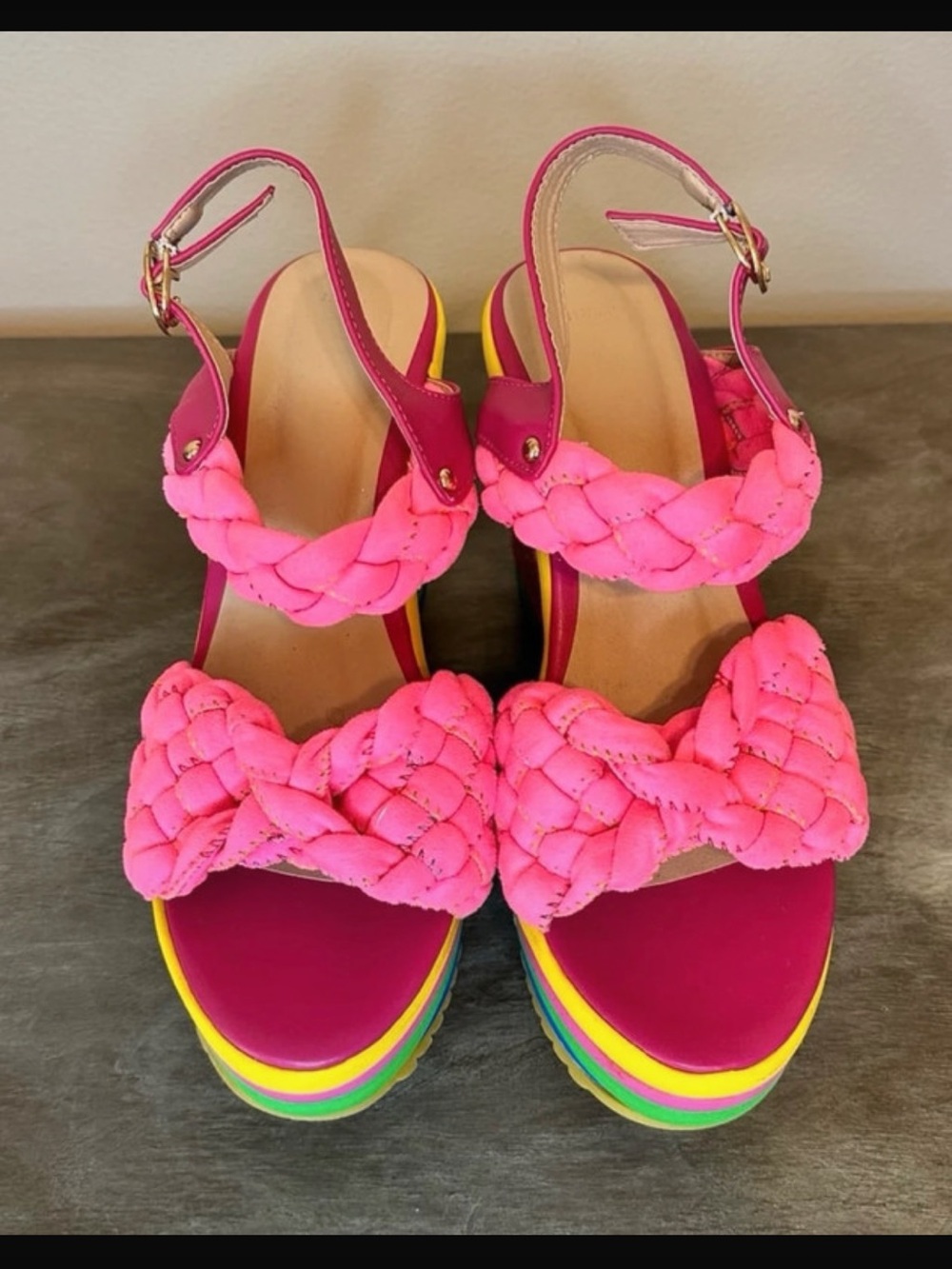 Neon Pink Braided Platform Sandals for Women